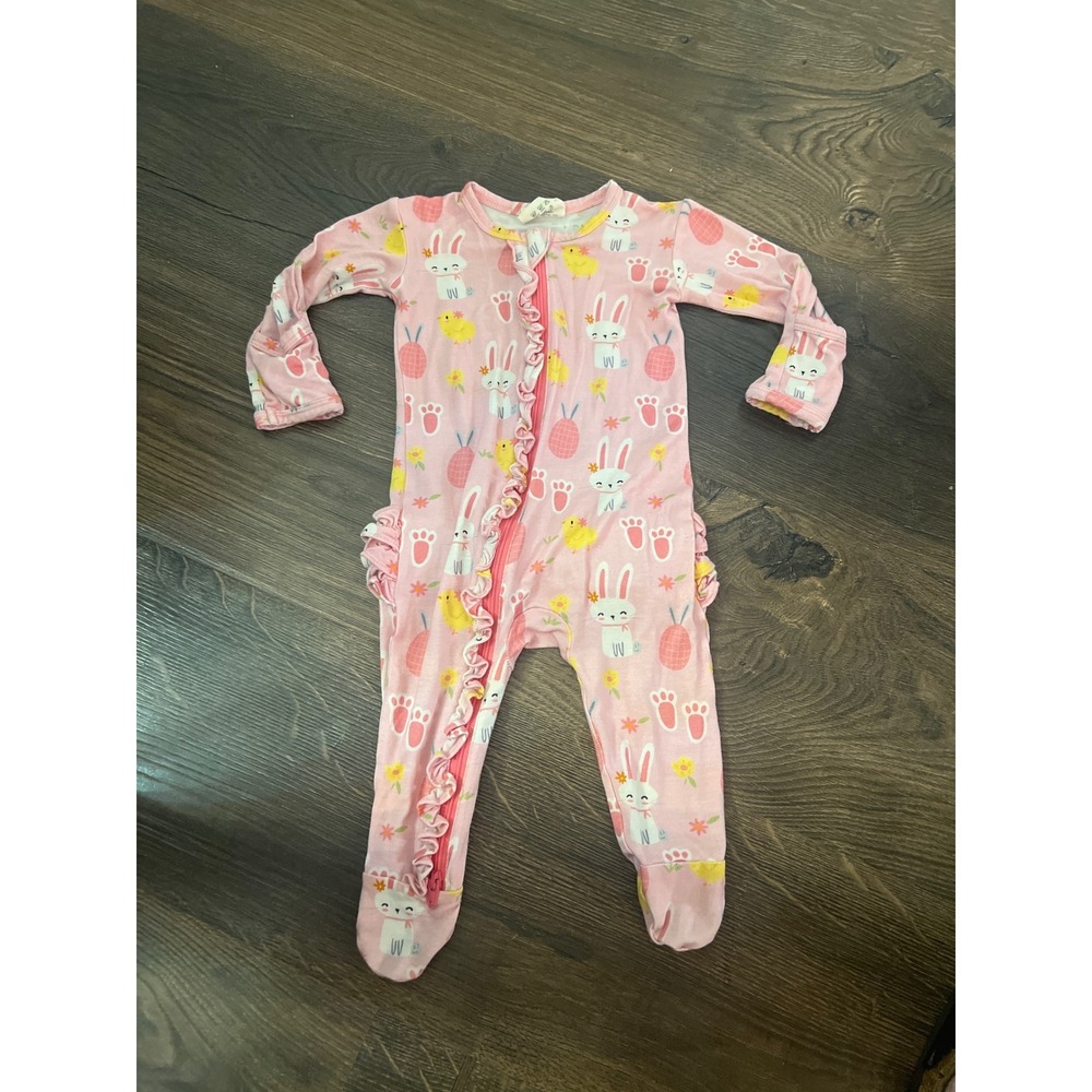 Spearmint Love Pink Bamboo Easter Bunny Chick Ruffle Footie Sleeper 3-6M